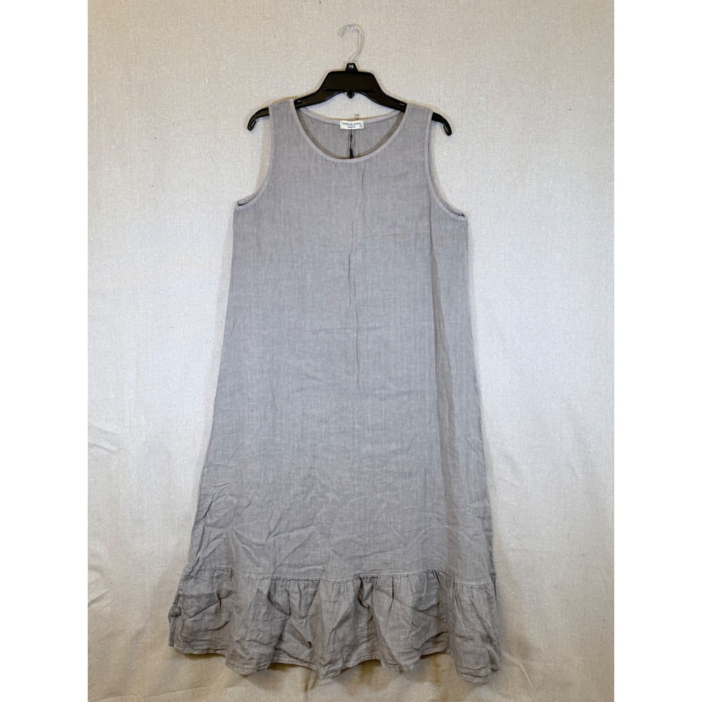 Terzo Millennio Made in Italy Linen Ruffle Hem Sleeveless Midi Boho Dress Grey L